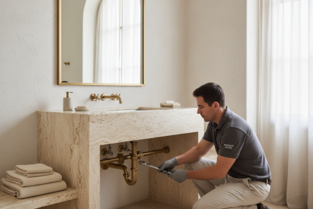 Professional cleaner wiping a kitchen worktop in a Mediterranean home in Marbella